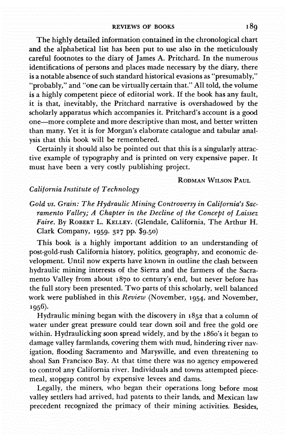 First page of Review: <italic>Gold vs. Grain: The Hydraulic Mining Controversy in California's Sacramento Valley; A Chapter in the Decline of the Concept of Laissez Faire</italic>, by Robert L. Kelley