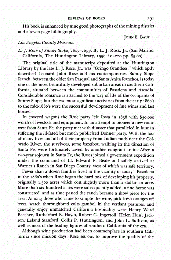 First page of Review: <italic>L. J. Rose of Sunny Slope, 1827-1899</italic>, by L. J. Rose, Jr.