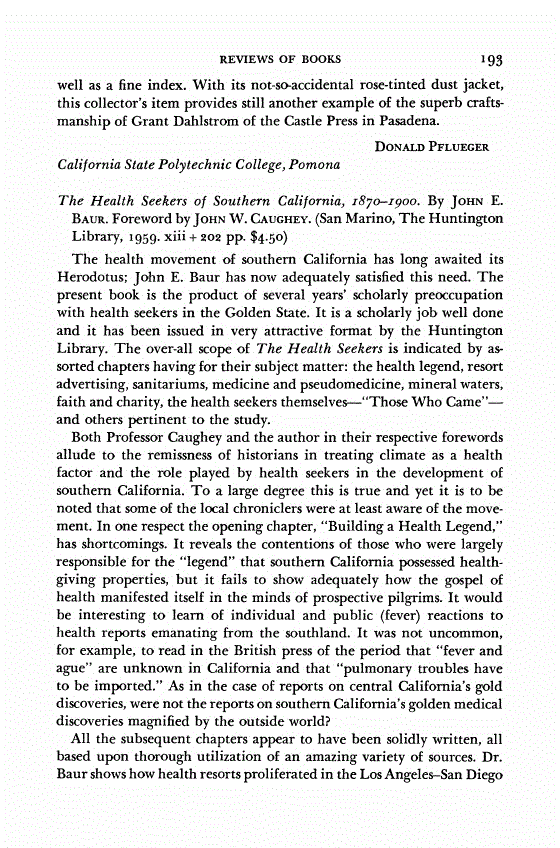 First page of Review: <italic>The Health Seekers of Southern California, 1870-1900</italic>, by John E. Baur