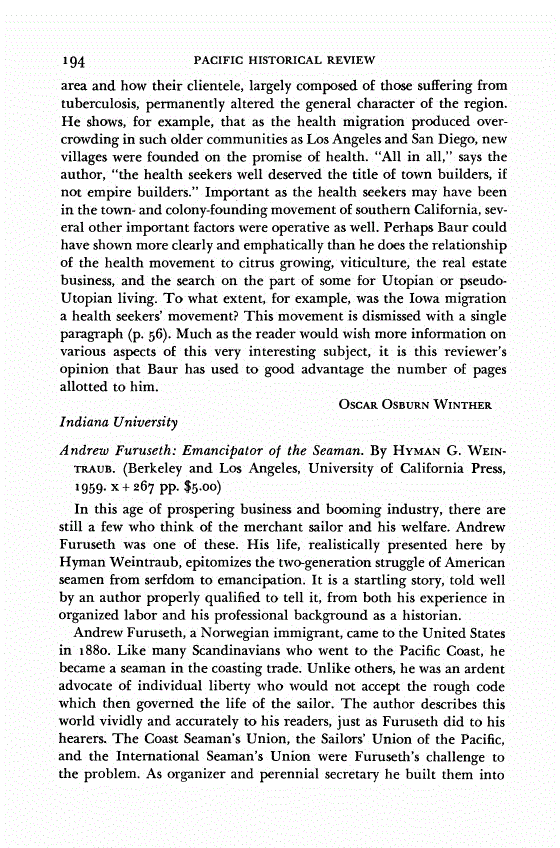 First page of Review: <italic>Andrew Furuseth: Emancipator of the Seaman</italic>, by Hyman G. Weintraub