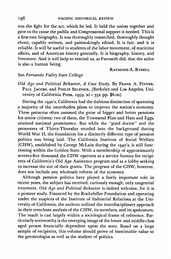First page of Review: <italic>Old Age and Political Behavior, A Case Study</italic>, by Frank A. Pinner, Paul Jacobs, and Philip Selznick