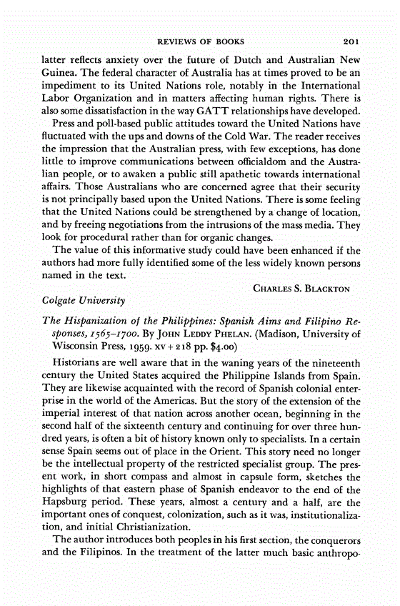 First page of Review: <italic>The Hispanization of the Philippines: Spanish Aims and Filipino Responses, 1565-1700</italic>, by John Leddy Phelan