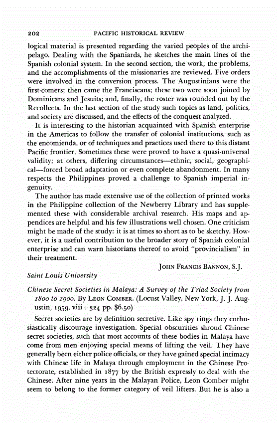 First page of Review: <italic>Chinese Secret Societies in Malaya: A Survey of the Triad Society from 1800 to 1900</italic>, by Leon Comber