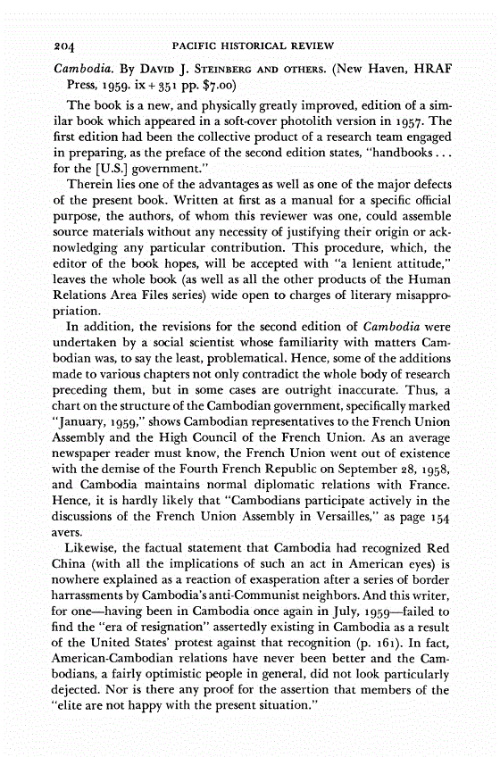 First page of Review: <italic>Cambodia</italic>, by David J. Steinberg