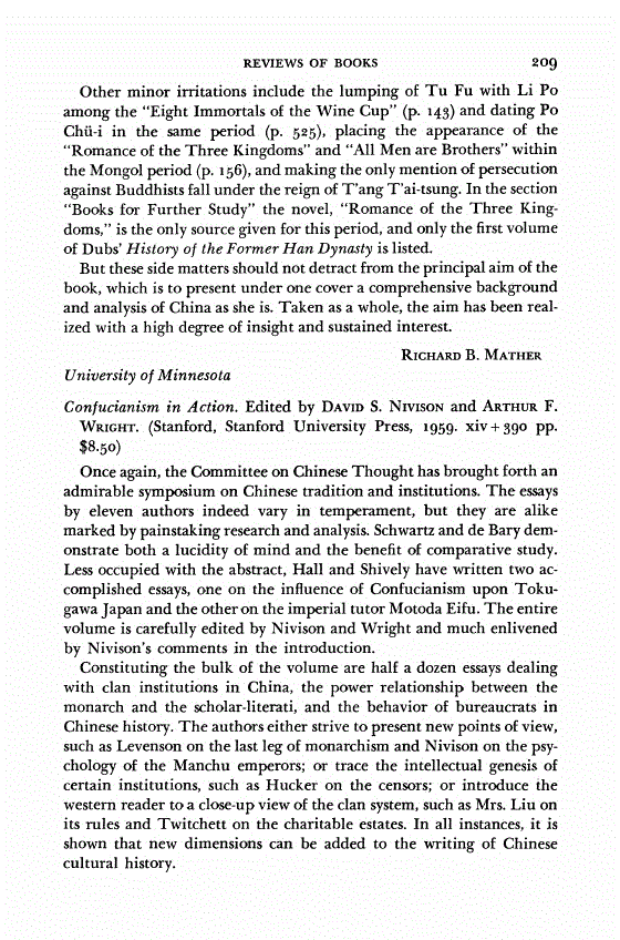 First page of Review: <italic>Confucianism in Action</italic>, by David S. Nivison and Arthur F. Wright