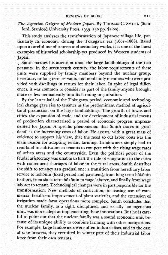 First page of Review: <italic>The Agrarian Origins of Modern Japan</italic>, by Thomas C. Smith