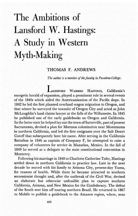First page of The Ambitions of Lansford W. Hastings: A Study in Western Myth-Making