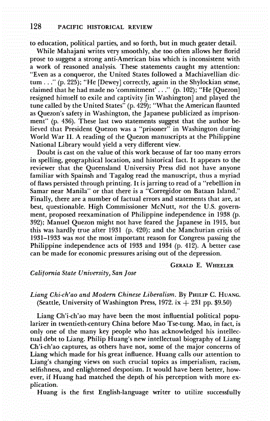 First page of Review: <italic>Liang Chi-ch'ao and Modern Chinese Liberalism</italic>, by Philip C. Huang