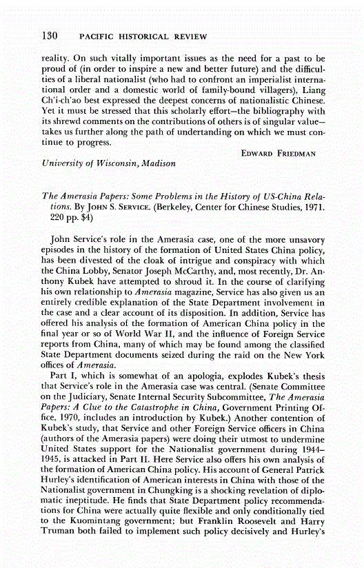 First page of Review: <italic>The Amerasia Papers: Some Problems in the History of US-China Relations</italic>, by John S. Service