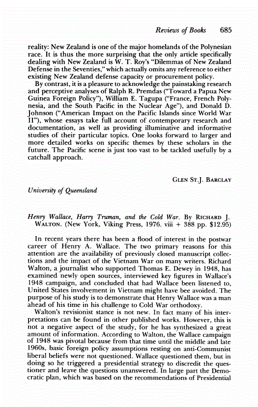 First page of Review: <italic>Henry Wallace, Harry Truman, and the Cold War</italic>, by Richard J. Walton