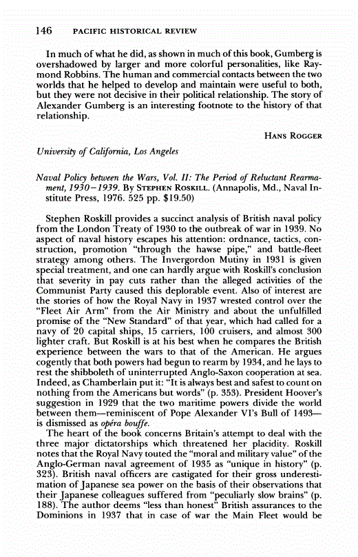 First page of Review: <italic>Naval Policy between the Wars, Vol. II: The Period of Reluctant Rearmament, 1930-1939</italic>, by Stephen Roskill