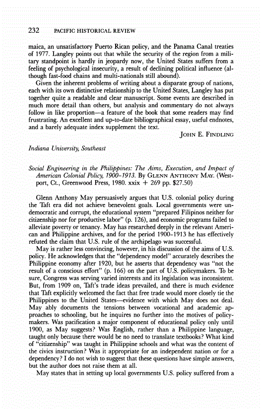 First page of Review: <italic>Social Engineering in the Philippines: The Aims, Execution, and Impact of American Colonial Policy, 1900-1913</italic>, by Glenn Anthony May