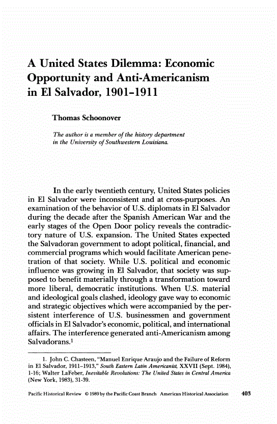 First page of A United States Dilemma: Economic Opportunity and Anti-Americanism in El Salvador, 1901-1911