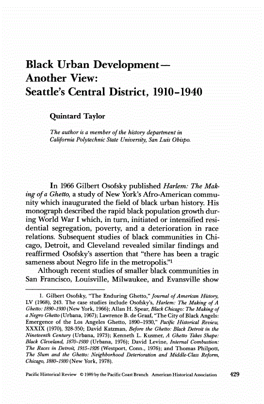 First page of Black Urban Development: Another View: Seattle's Central District, 1910-1940