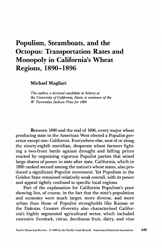 First page of Populism, Steamboats, and the Octopus: Transportation Rates and Monopoly in California's Wheat Regions, 1890-1896