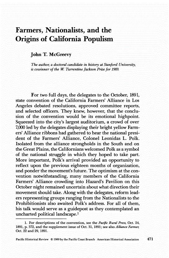First page of Farmers, Nationalists, and the Origins of California Populism