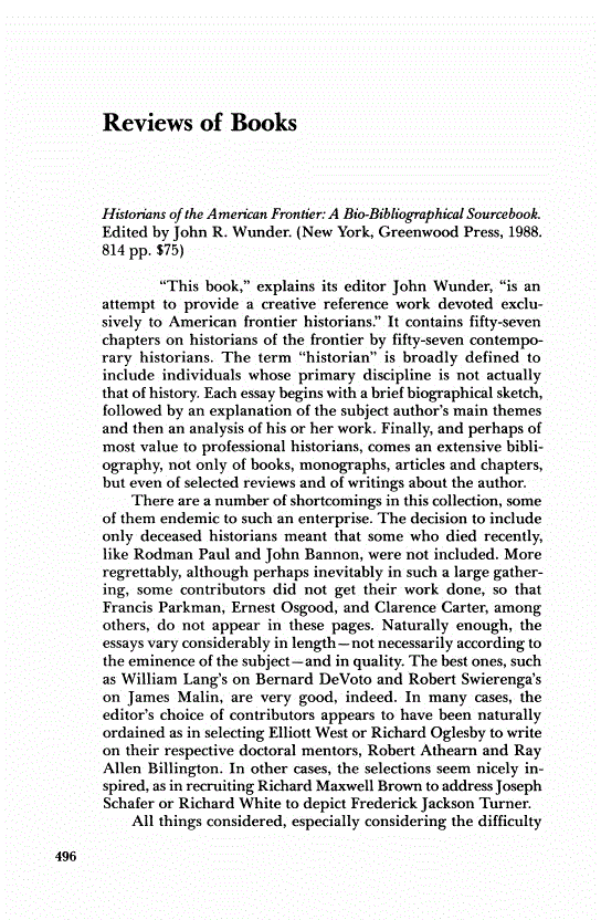 First page of Review: <italic>Historians of the American Frontier: A Bio-Bibliographical Sourcebook</italic>, by John R. Wunder