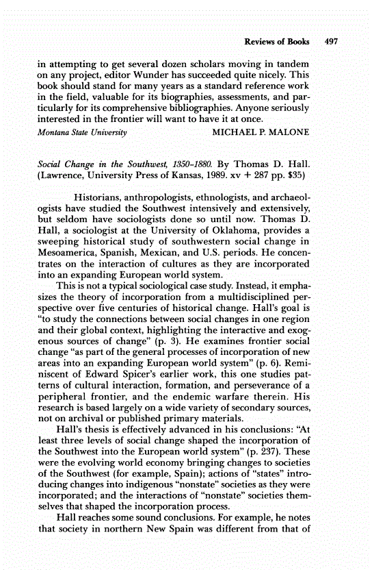 First page of Review: <italic>Social Change in the Southwest, 1350-1880</italic>, by Thomas D. Hall
