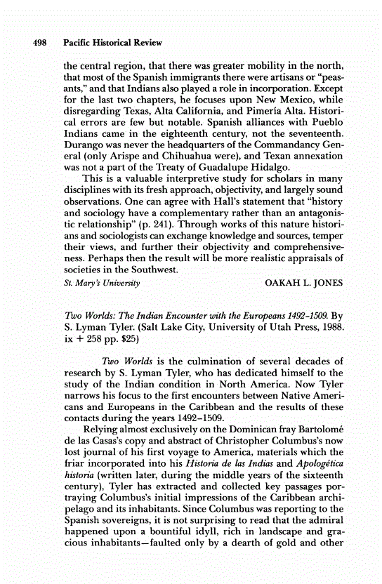First page of Review: <italic>Two Worlds: The Indian Encounter with the Europeans 1492-1509</italic>, by S. Lyman Tyler