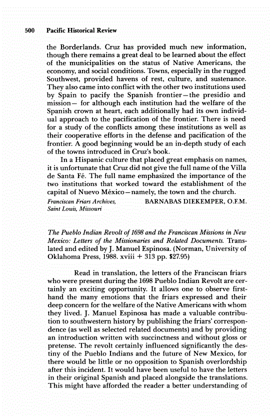 First page of Review: <italic>The Pueblo Indian Revolt of 1698 and the Franciscan Missions in New Mexico: Letters of the Missionaries and Related Documents</italic>, by J. Manuel Espinosa