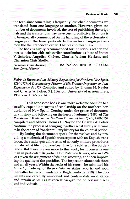First page of Review: <italic>Pedro de Rivera and the Military Regulations for Northern New Spain, 1724-1729: A Documentary History of His Frontier Inspection and the Reglamento de 1729</italic>, by Thomas H. Naylor and Charles W. Polzer