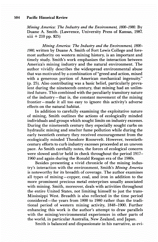 First page of Review: <italic>Mining America: The Industry and the Environment, 1800-1980</italic>, by Duane A. Smith