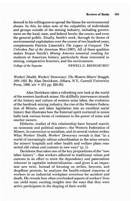 First page of Review: <italic>Workers' Health, Workers' Democracy: The Western Miners' Struggle, 1891-1925</italic>, by Alan Derickson