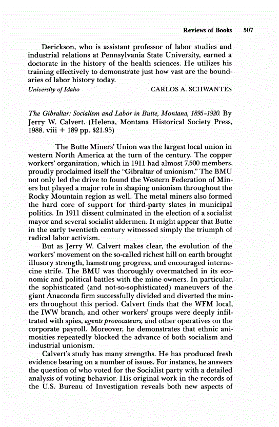 First page of Review: <italic>The Gibraltar: Socialism and Labor in Butte, Montana, 1895-1920</italic>, by Jerry W. Calvert