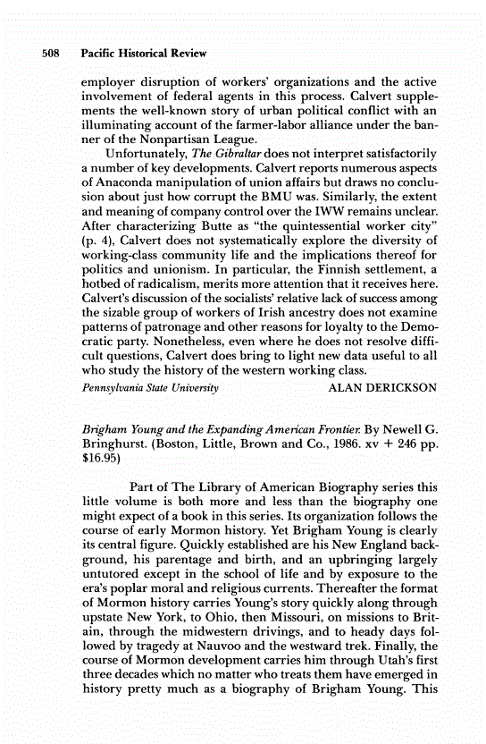 First page of Review: <italic>Brigham Young and the Expanding American Frontier</italic>, by Newell G. Bringhurst
