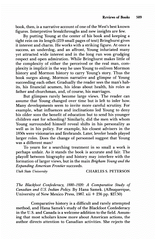 First page of Review: <italic>The Blackfoot Confederacy, 1880-1920: A Comparative Study of Canadian and U.S. Indian Policy</italic>, by Hana Samek