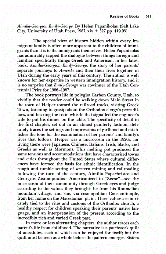 First page of Review: <italic>Aimilia-Georgios, Emily-George</italic>, by Helen Papanikolas