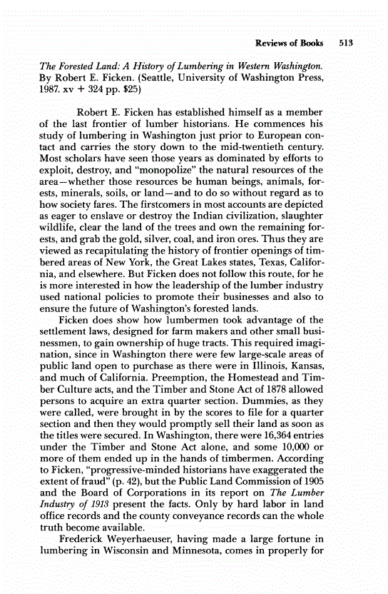 First page of Review: <italic>The Forested Land: A History of Lumbering in Western Washington</italic>, by Robert E. Ficken