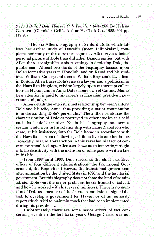 First page of Review: <italic>Sanford Ballard Dole: Hawaii's Only President, 1844-1926</italic>, by Helena G. Allen
