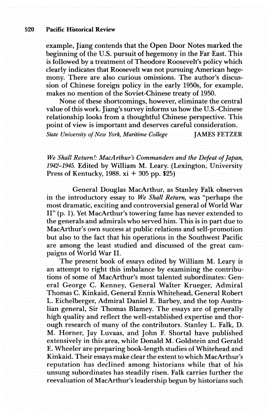 First page of Review: <italic>We Shall Return!: MacArthur's Commanders and the Defeat of Japan, 1942-1945</italic>, by William M. Leary