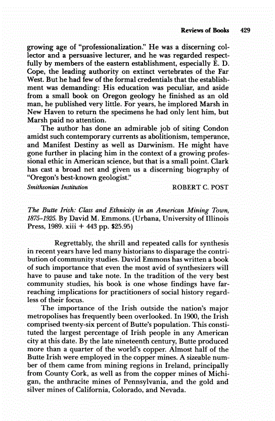First page of Review: <italic>The Butte Irish: Class and Ethnicity in an American Mining Town, 1875-1925</italic>, by David M. Emmons