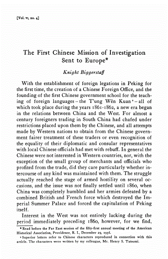 First page of The First Chinese Mission of Investigation Sent to Europe