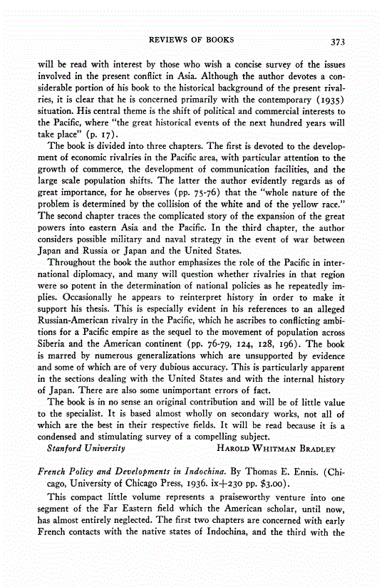 First page of Review: <italic>French Policy and Developments in Indochina</italic>, by Thomas E. Ennis