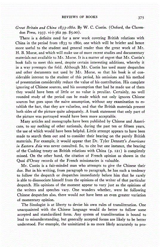 First page of Review: <italic>Great Britain and China 1833-1860</italic>, by W. C. Costin