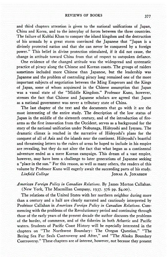 First page of Review: <italic>American Foreign Policy in Canadian Relations</italic>, by James Morton Callahan