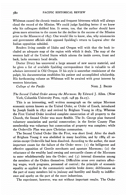 First page of Review: <italic>The Second United Order among the Mormons</italic>, by Edward J. Allen