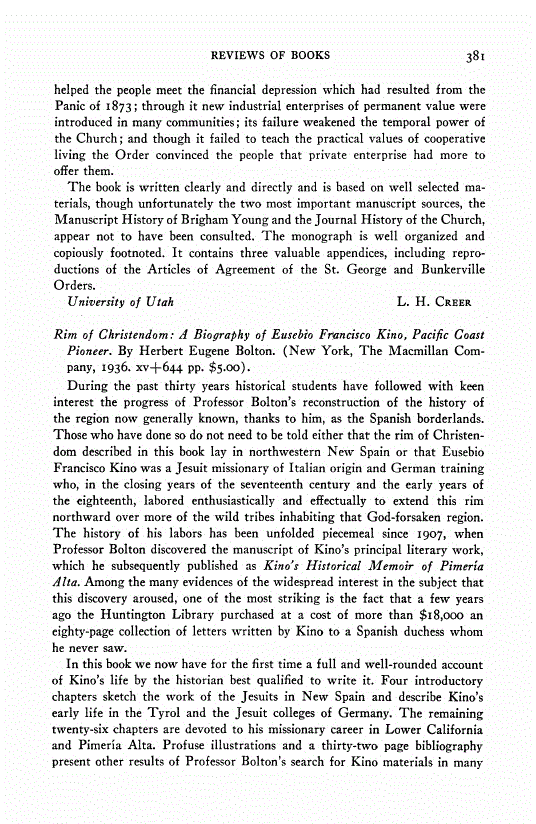 First page of Review: <italic>Rim of Christendom: A Biography of Eusebio Francisco Kino, Pacific Coast Pioneer</italic>, by Herbert Eugene Bolton and Eusebio Francisco Kino