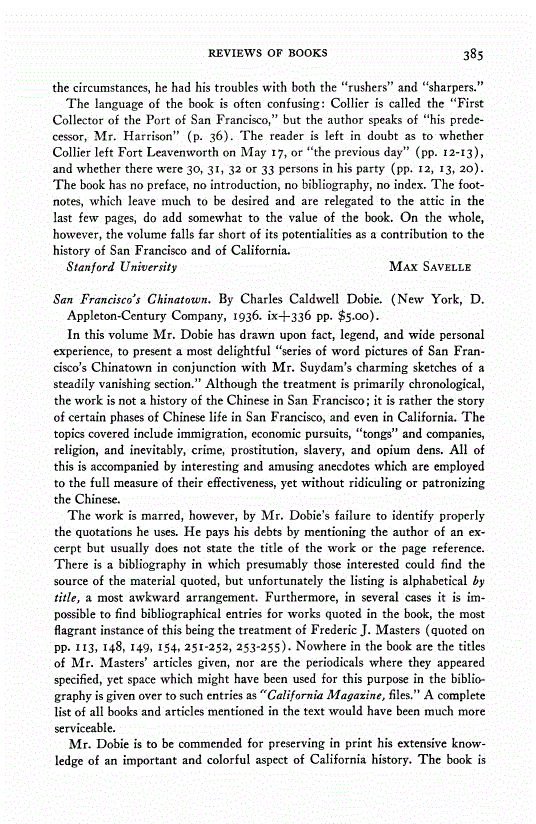 First page of Review: <italic>San Francisco's Chinatown</italic>, by Charles Caldwell Dobie