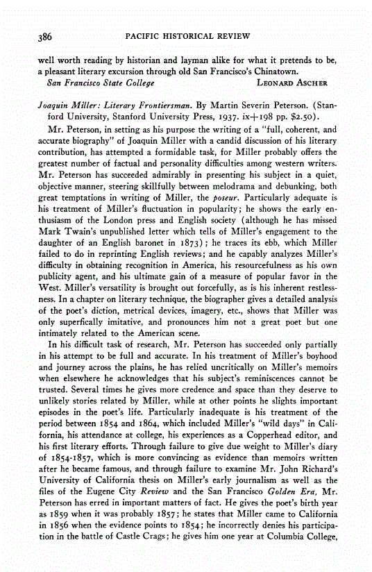 First page of Review: <italic>Joaquin Miller: Literary Frontiersman</italic>, by Martin Severin Peterson