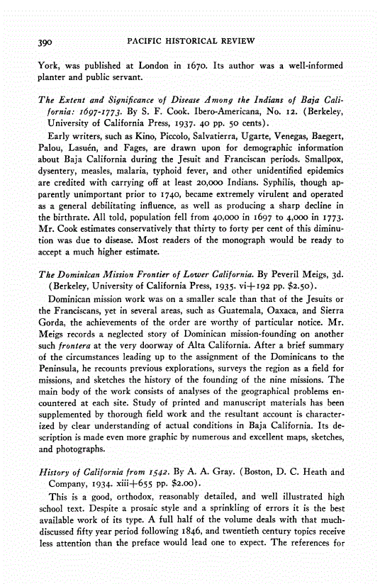First page of Review: <italic>The Extent and Significance of Disease among the Indians of Baja California: 1697-1773</italic>, by S. F. Cook