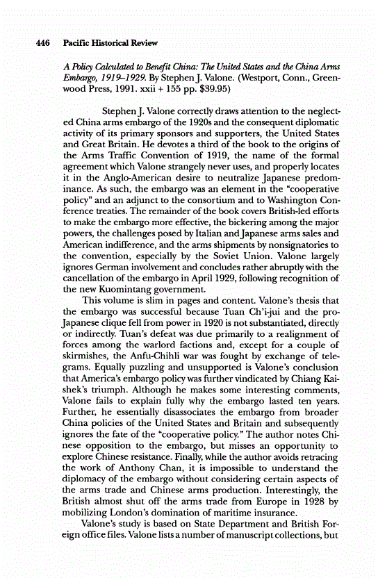 First page of Review: <italic>A Policy Calculated to Benefit China: The United States and the China Arms Embargo, 1919-1929</italic>, by Stephen J. Valone