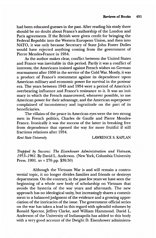 First page of Review: <italic>Trapped by Success: The Eisenhower Administration and Vietnam, 1953-1961</italic>, by David L. Anderson