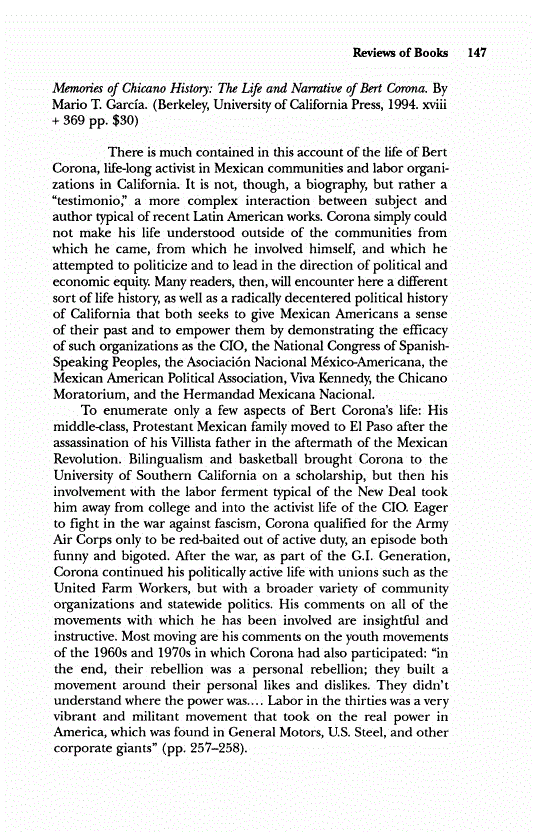First page of Review: <italic>Memories of Chicano History: The Life and Narrative of Bert Corona</italic>, by Mario T. García