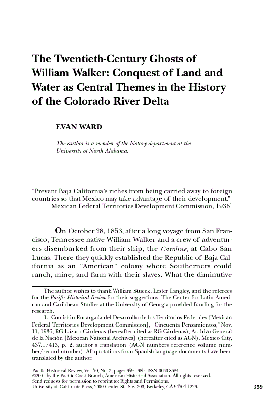 First page of The Twentieth-Century Ghosts of William Walker: Conquest of Land and Water as Central Themes in the History of the Colorado River Delta
