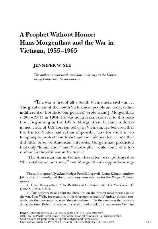 First page of A Prophet Without Honor: Hans Morgenthau and the War in Vietnam, 1955–1965