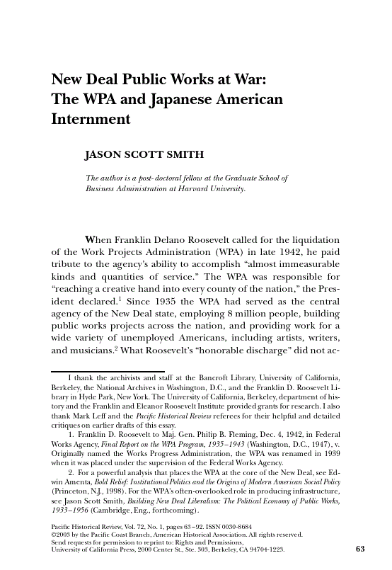 First page of New Deal Public Works at War: The WPA and Japanese American Internment